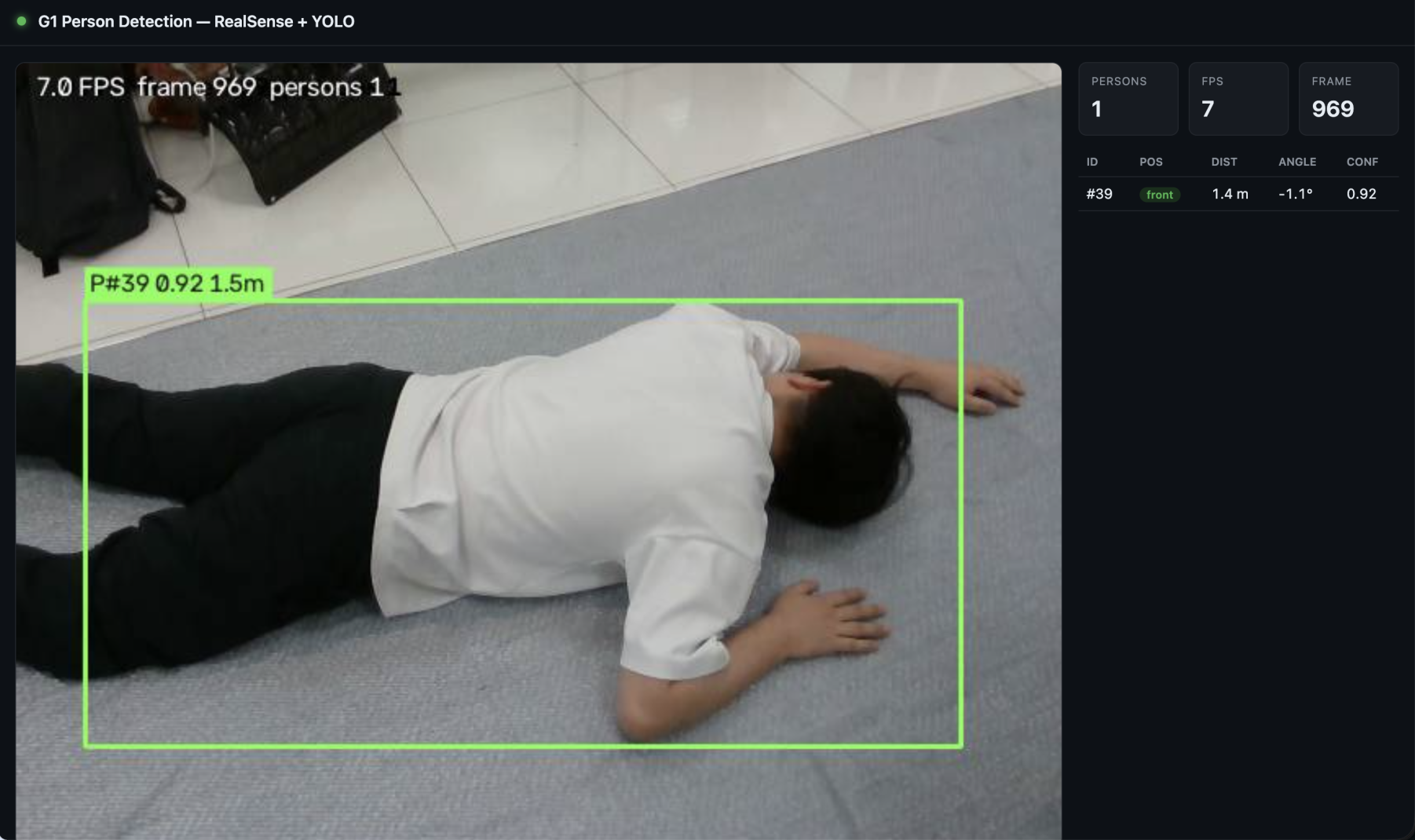 G1 Person Detection — RealSense + YOLO 実機テスト画面